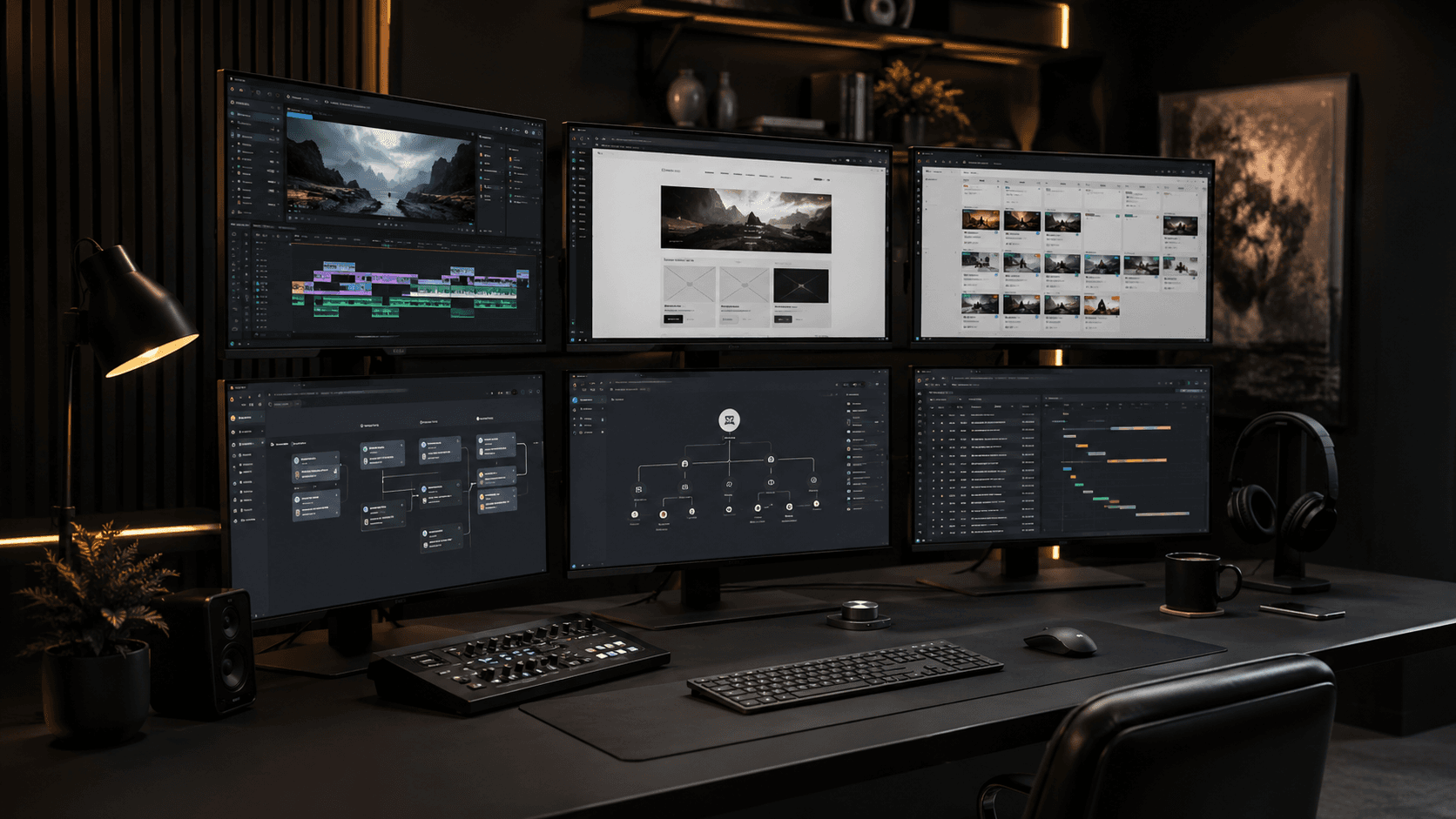 Premium creative and marketing command center with video, website, workflow, and campaign production screens