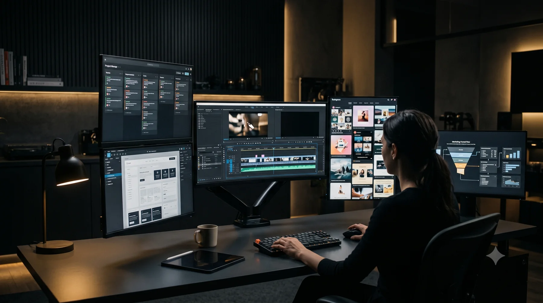 Creative marketing command center with video editing, website, content, funnel, and project workflow screens